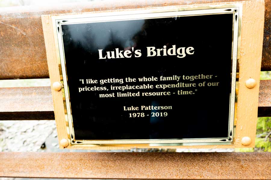 Plaque to dedicate the bridge on the Hunter Rail Trail for Luke Patterson who was killed in 2019