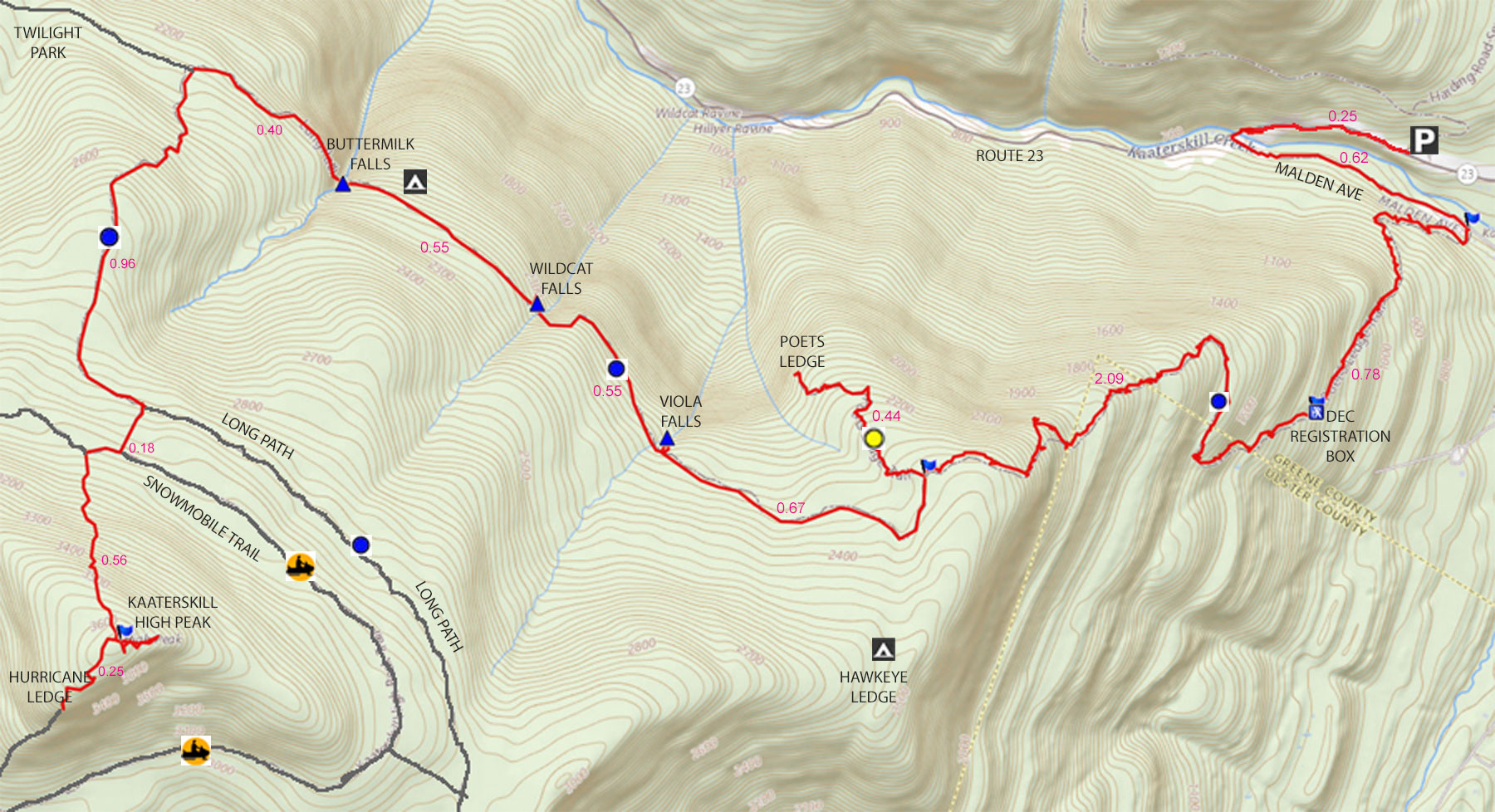 map of hike to poet's ledge, waterfalls, and Kaaterskill High Peak