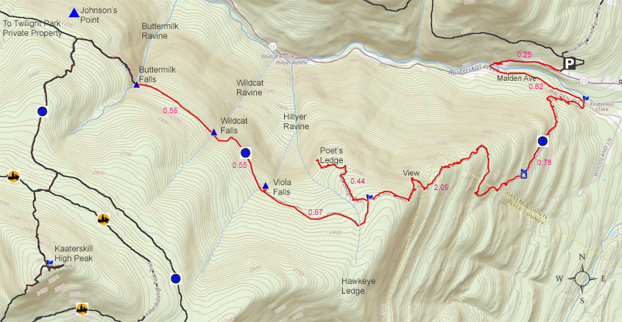 map to Poets Ledge and waterfall hike