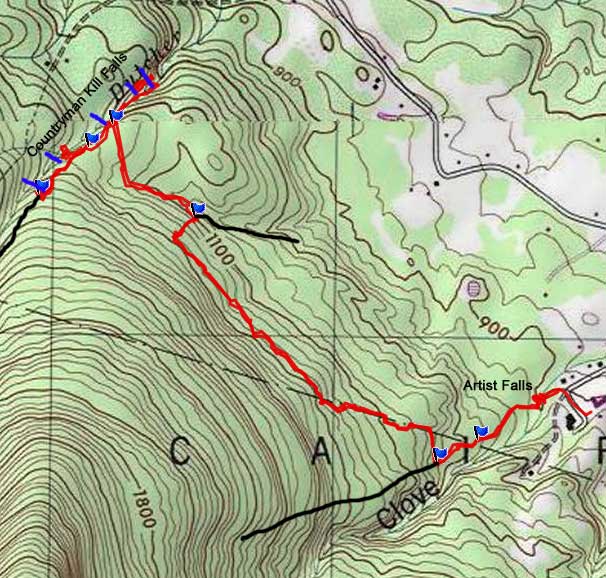 map of hike countryman kill waterfalls from winter clove