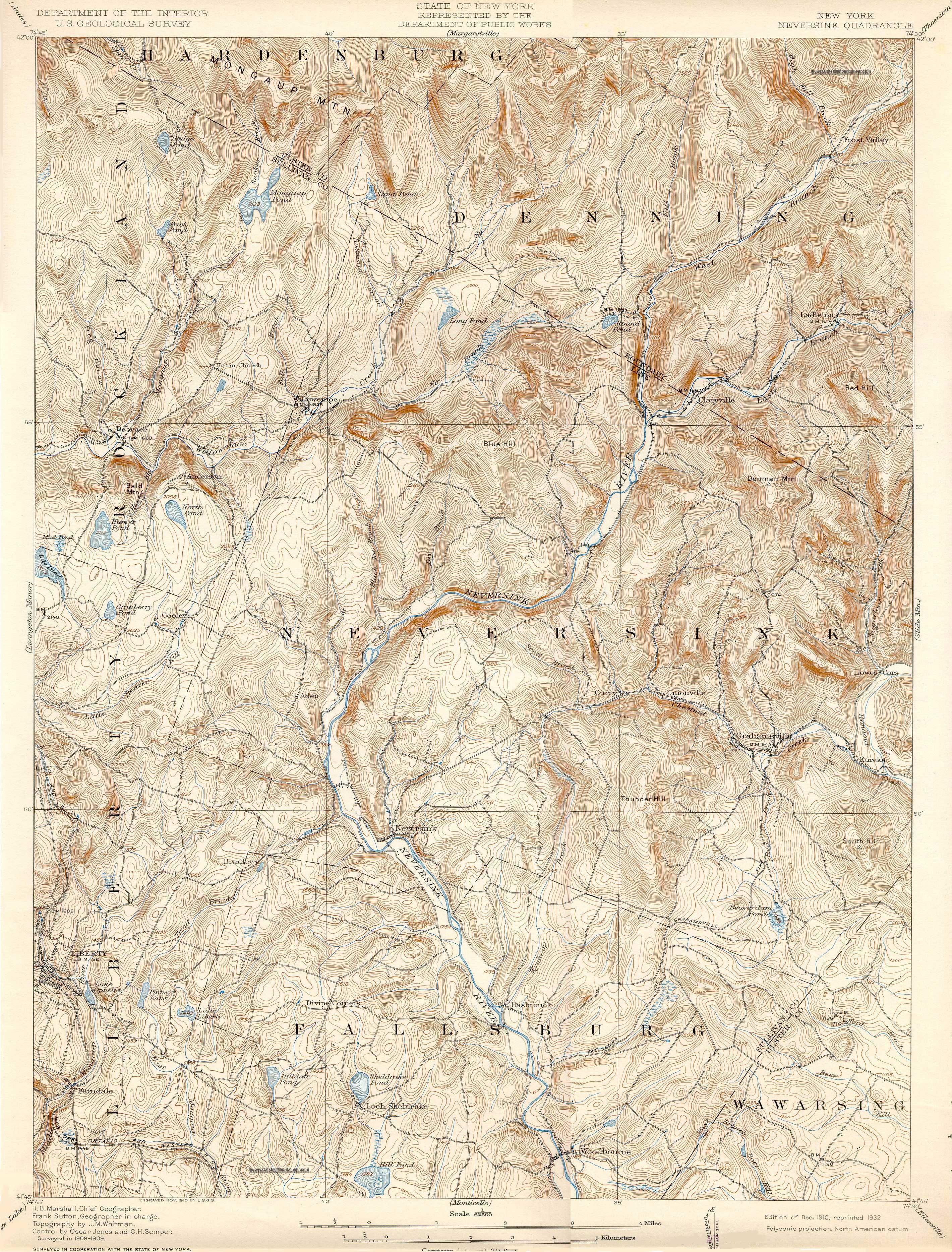 1910 USGS topographical map quadrangle of neversink region