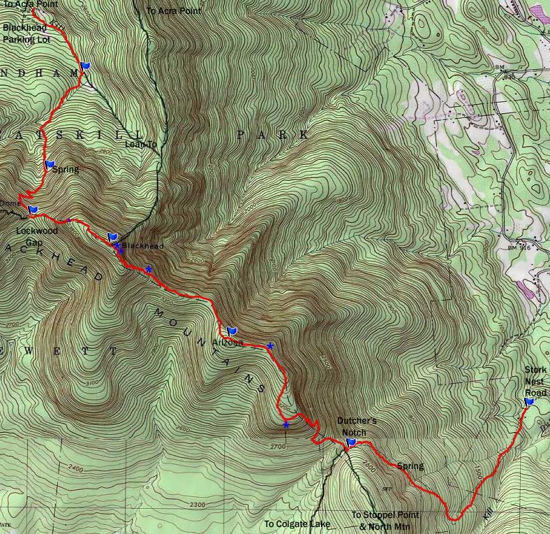 Hiking map of Blackhead Mountain to Arizona Mountain to dutchers notch