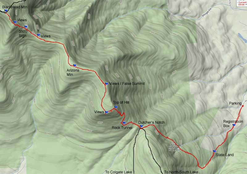 topo map of hike from round top to dutchers notch to east kill falls
