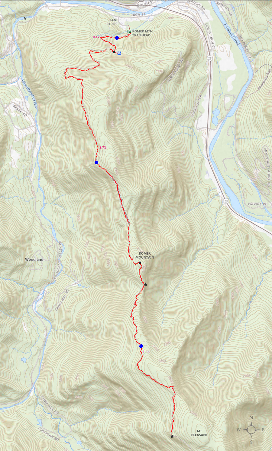 map of Romer Mountain & Mt Pleasant Trail from Romer Mountain Trailhead