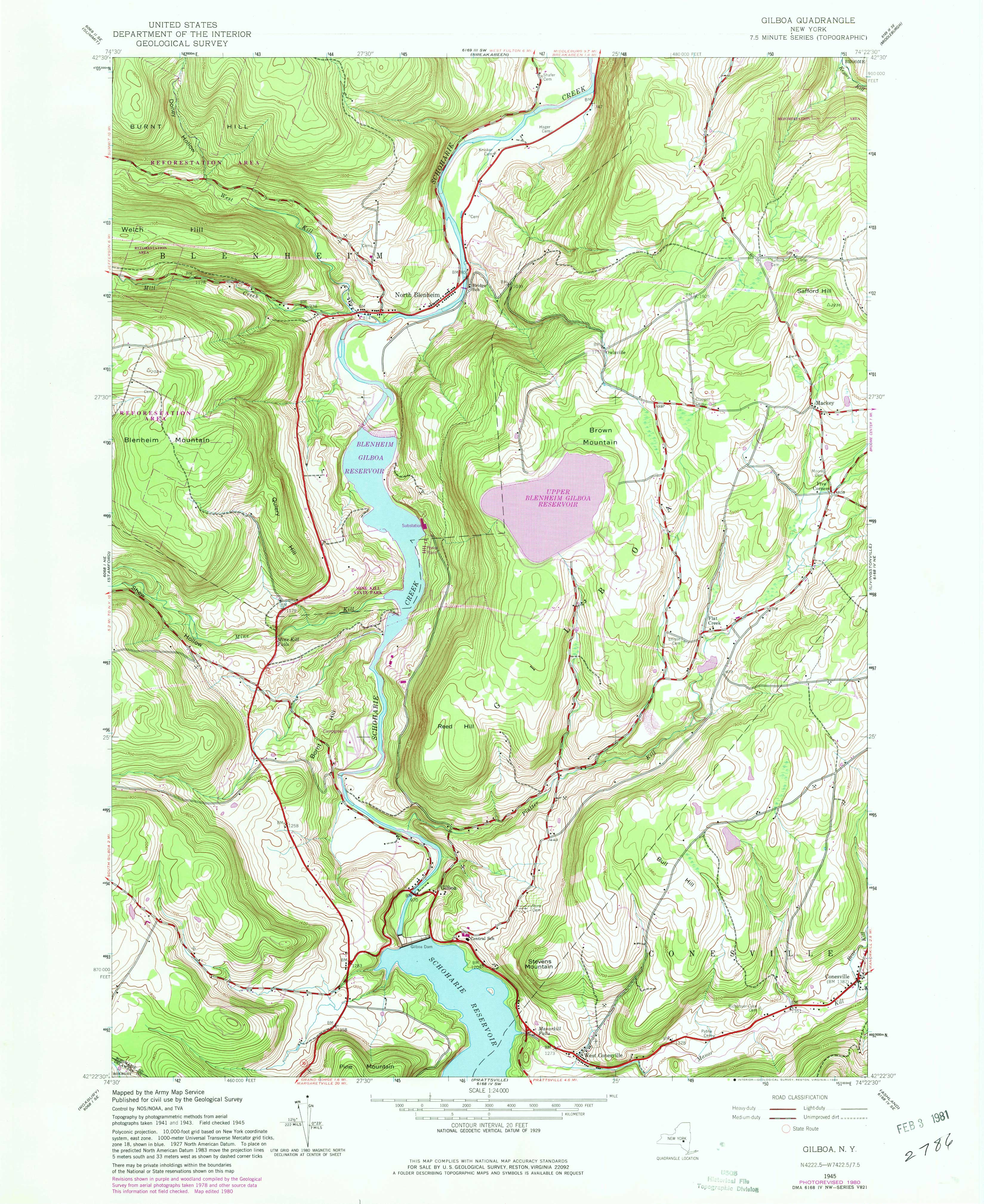 1945 USGS topographical map of Gilboa
