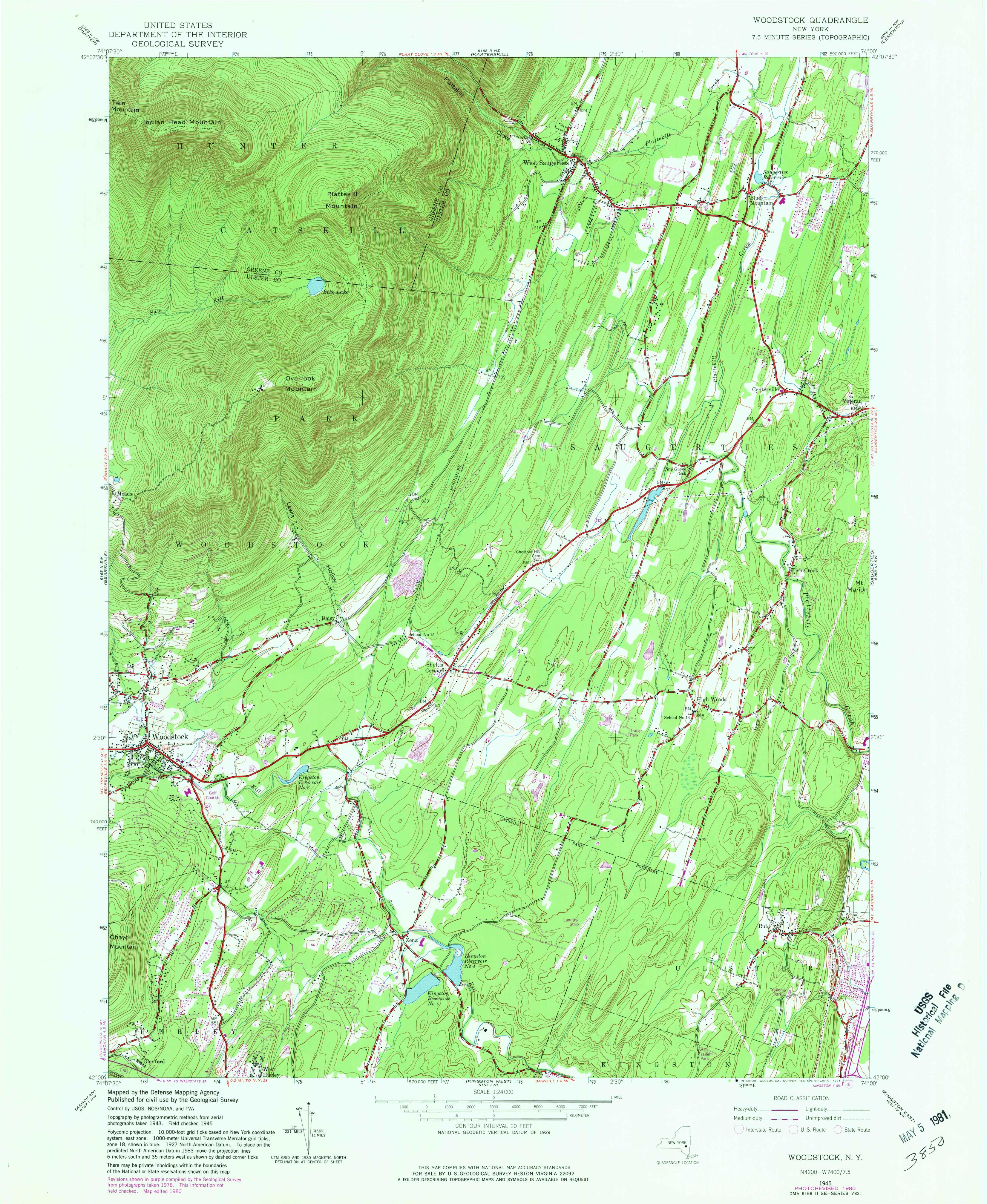 1945 USGS topographical map of Plattekill