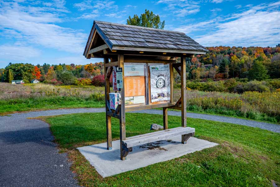 Kiosk and trailhead of the spur trail of the windham path off rt 296.
