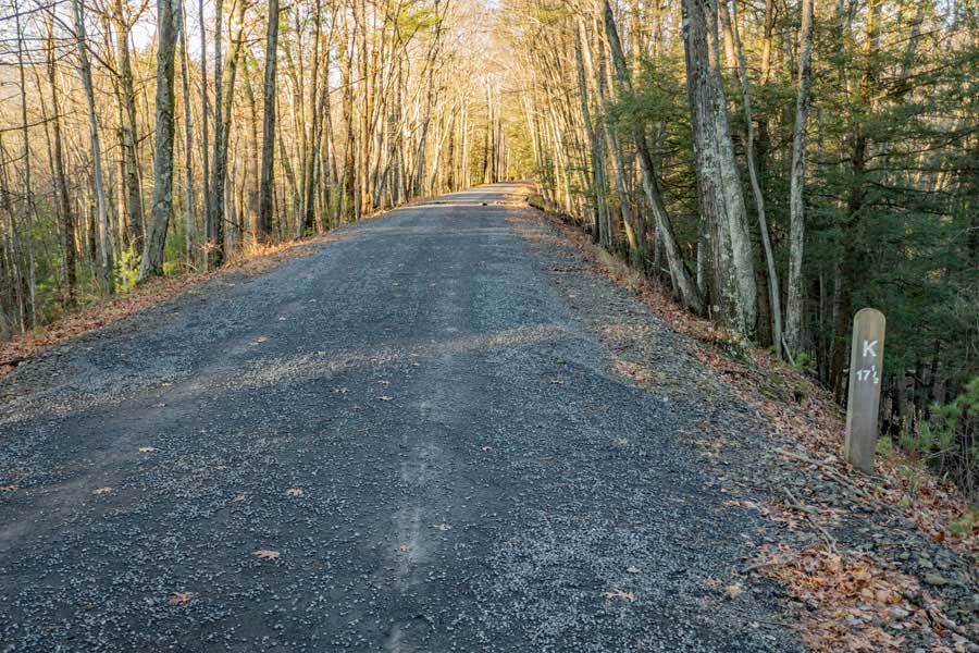 sharp turn on the Ashokan Rail Trail after mile post 17-1/2  