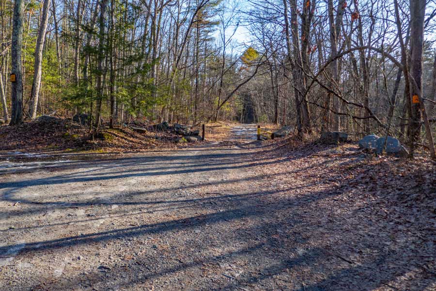 DEC gate marking the limit for vehicles that can travel on the Woods Road on DEC land in the  Bluestone Wild Forest