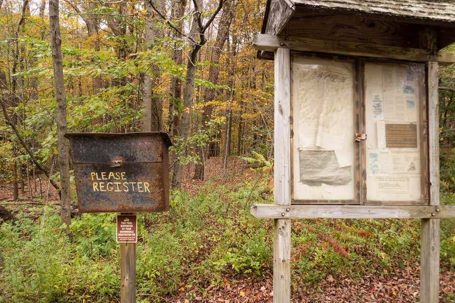 The DEC registration box and Kiosk for the Western section of the Campbell Mountain Trail on Rt 206