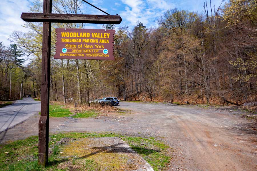 entrance to the parking area for Giant Ledge & Panther Mountain trail on Woodland Valley in the Slide Mountain Wilderness