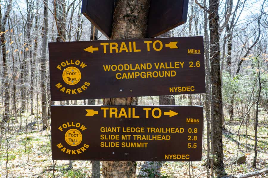 DEC trail sign at the trail junction of the Giant Ledge Panther Fox Trail