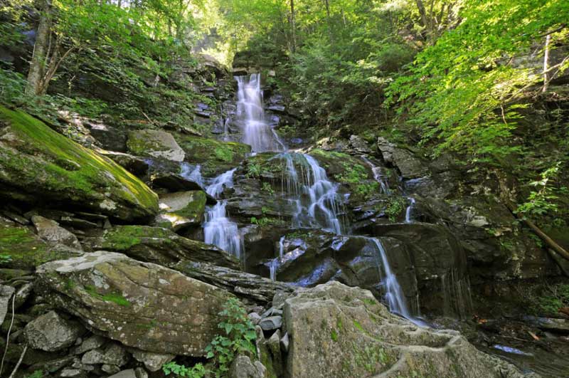 top of the Buttermilk falls in the kaaterskill clove in the catskill mountains at moderate water