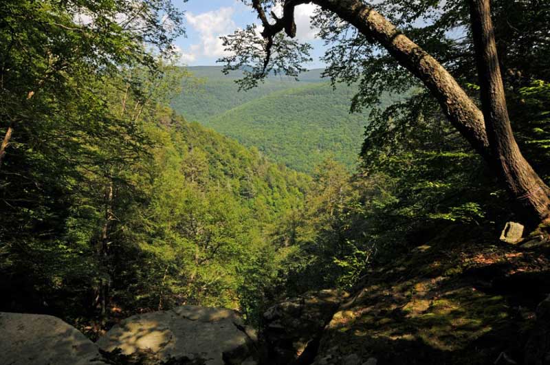top of the Buttermilk falls in the kaaterskill clove in the catskill mountains at moderate water