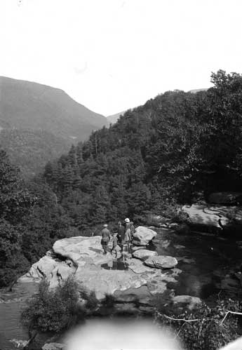 view of haines falls from the arch bridge in twilight park