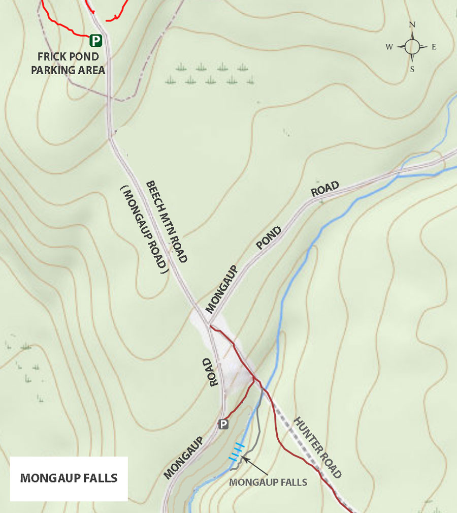 Map of campsites, hikes, and waterfalls around Mongaup Falls in the Willowemoc Wild Forest